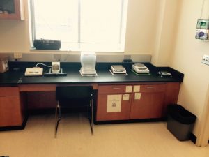 A lab work bench with scales on top
